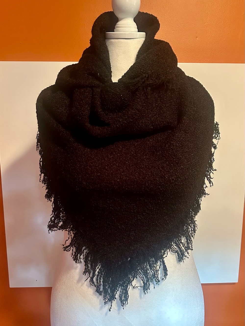 Vintage Baar & Beards Oversized Black Fringe Blanket Scarf Shawl 80x80